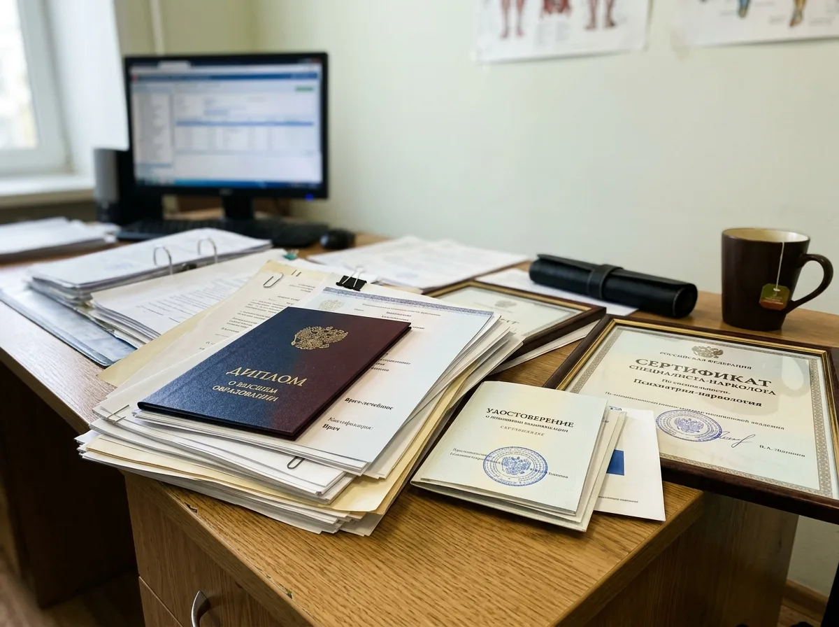 Сертификаты специалистов-наркологов, дипломы о медицинском образовании, стопка документов на столе